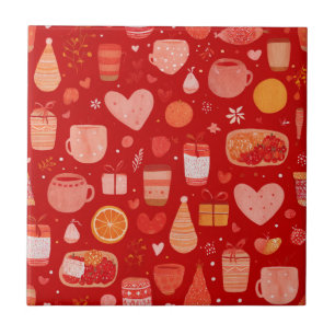 Carreau Tasses et cadeaux de vacances cosy motif rouge