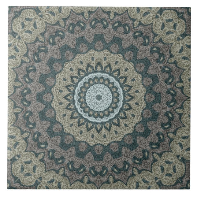 Carreau Taupe et Mandala Turquoise avec symétrie tribale (Devant)