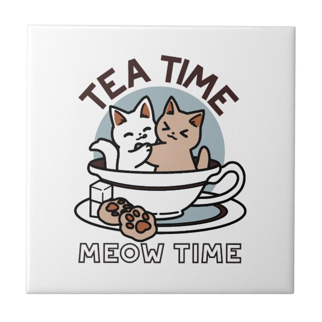 Carreau Tea Time Meow Time - Cute Cat and Tea Design (Devant)