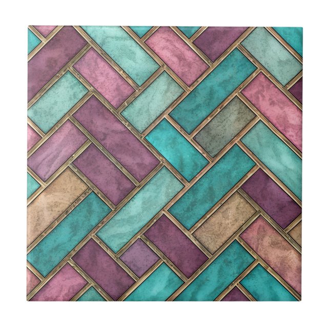 Carreau Teal and Mauve Herringbone Tile Pattern - Brick (Devant)