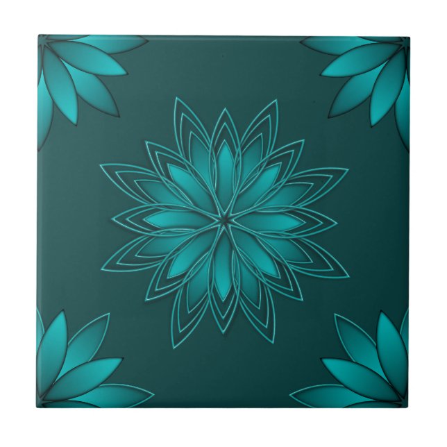 Carreau Teal Leaf Mandala Design on Dark Cyan (Devant)