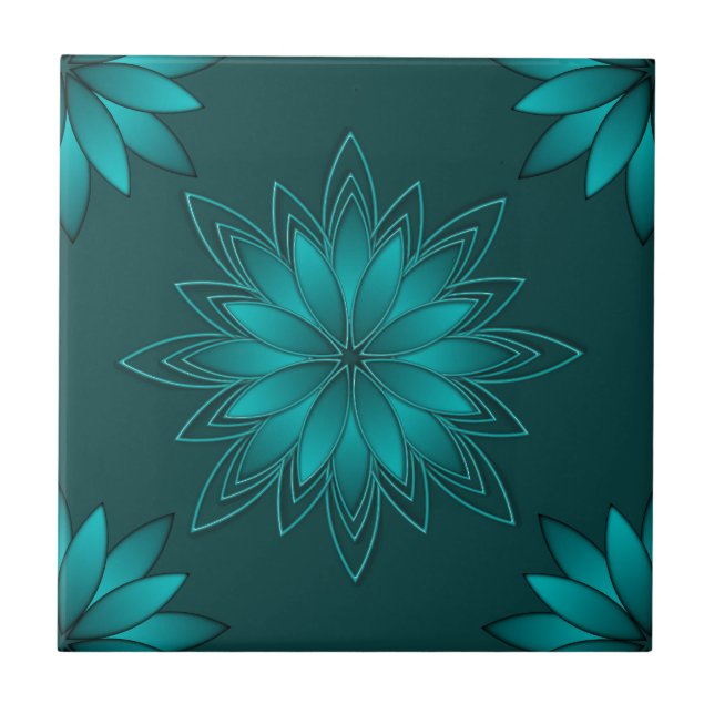 Carreau Teal Leaf Mandala Design on Dark Cyan (Devant)
