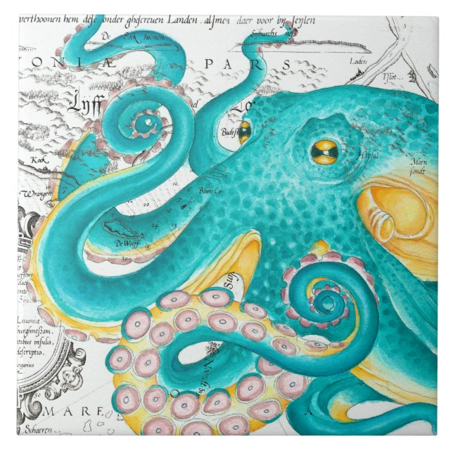 Carreau Teal Octopus Nautical Map Watercolor (Devant)