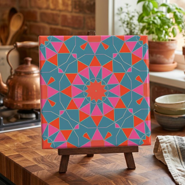 Carreau Teal Pink & Red Stylish Mosaic Geometric Pattern (Créateur téléchargé)