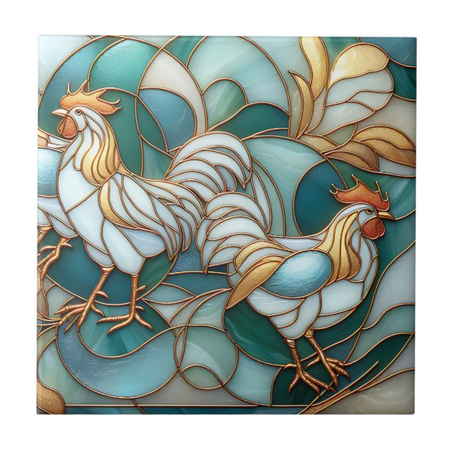 Carreau Teal Stained Glass Roosters Elegant Farmhouse (Devant)