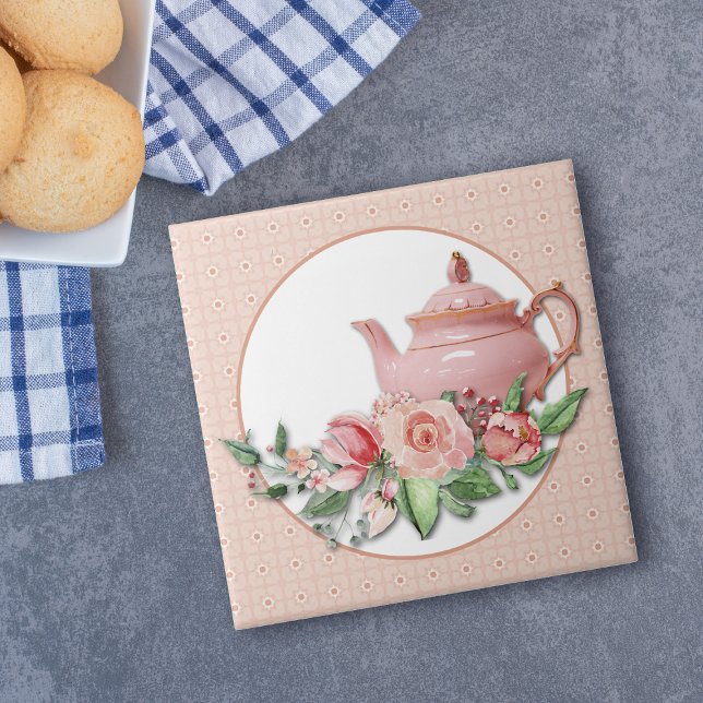 Carreau Teapot rose motif floral cadre (Créateur téléchargé)