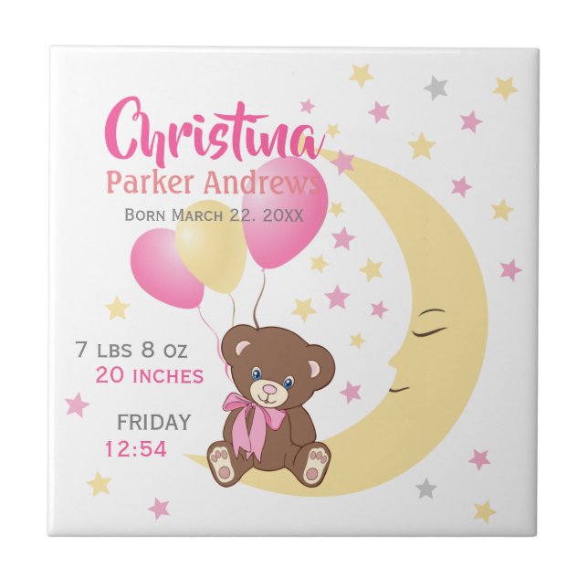 Carreau Teddy Bear assis sur la Lune Baby Birth Statistiqu (Devant)
