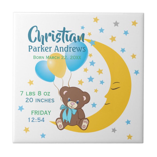 Carreau Teddy Bear assis sur la Lune Baby Birth Statistiqu (Devant)
