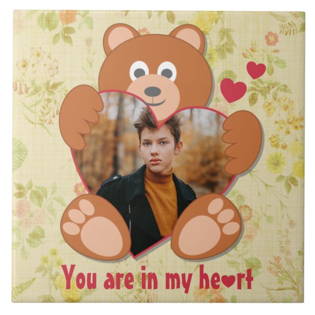 Carreau Teddy Bear Holding Heart Photo Saint-Valentin (Devant)