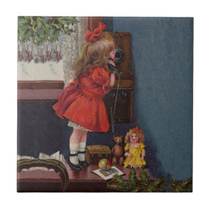 Carreau Téléphone Antique de Petite Fille de Noël