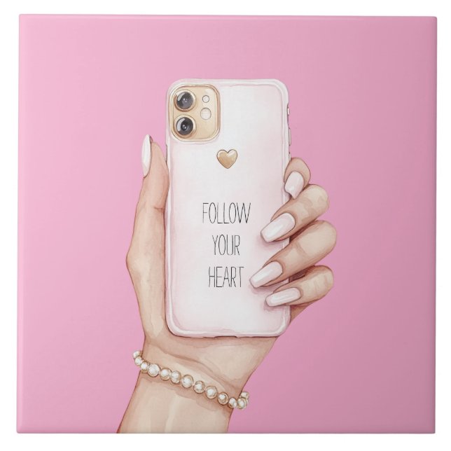 Carreau Téléphone portable chic fille ongles roses (Devant)