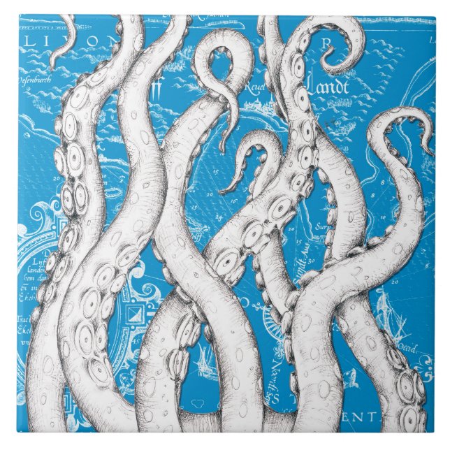 Carreau Tentacles blancs Octopus Carte Vintage Bleu Nautiq (Devant)