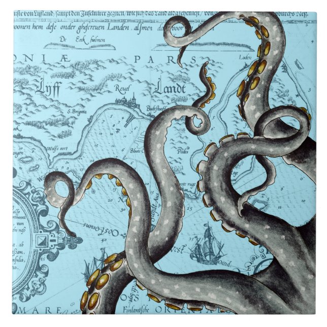 Carreau Tentacles Gris Sur Une Carte Vintage Bleue (Devant)