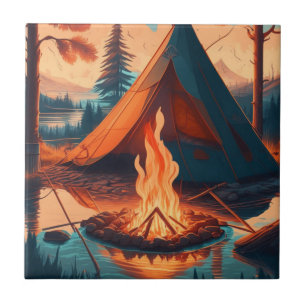 Carreau Tente et feu de camp couleurs vintage Art