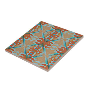 Carreau Terracotta Brown Turquoise Bleu Ethnic Tribe Art