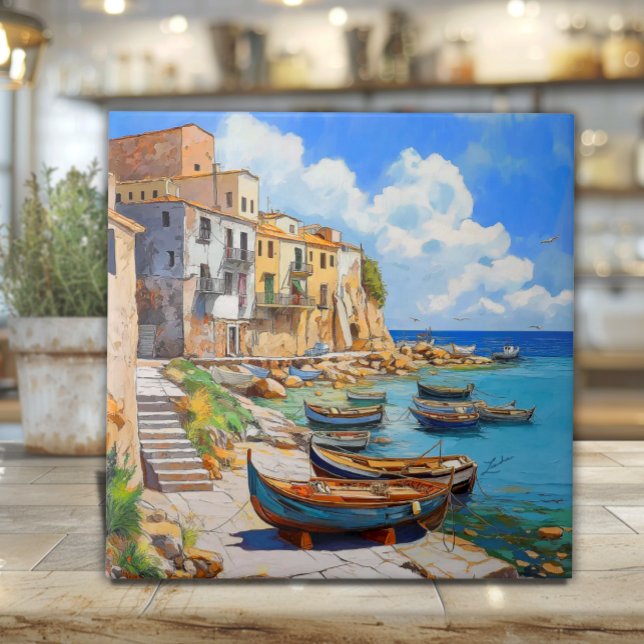 Carreau Terrasini Sicile Art de la Tuile – Bateaux de Pêch (Colorful ceramic tile art of Terrasini Sicily with fishing boats and cliffside village under blue sk)