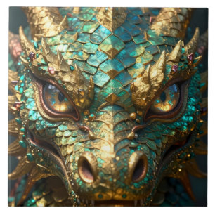 Carreau Tête de dragon turquoise et or