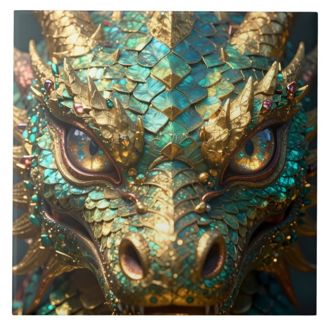 Carreau Tête de dragon turquoise et or (Devant)