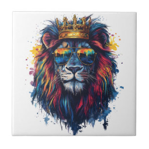 Carreau Tête de lion gras avec lunettes de soleil et couro