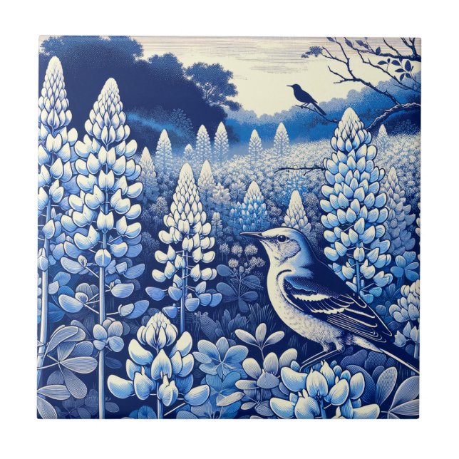 Carreau Texas Bluebonnets et Northern Mockingbird Texan (Devant)