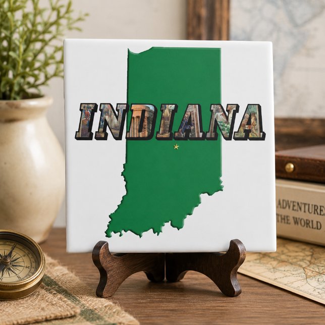 Carreau Texte de l'image de la carte de l'État de l'Indian (Indiana State Map Green Outline & Photo Text Tile)