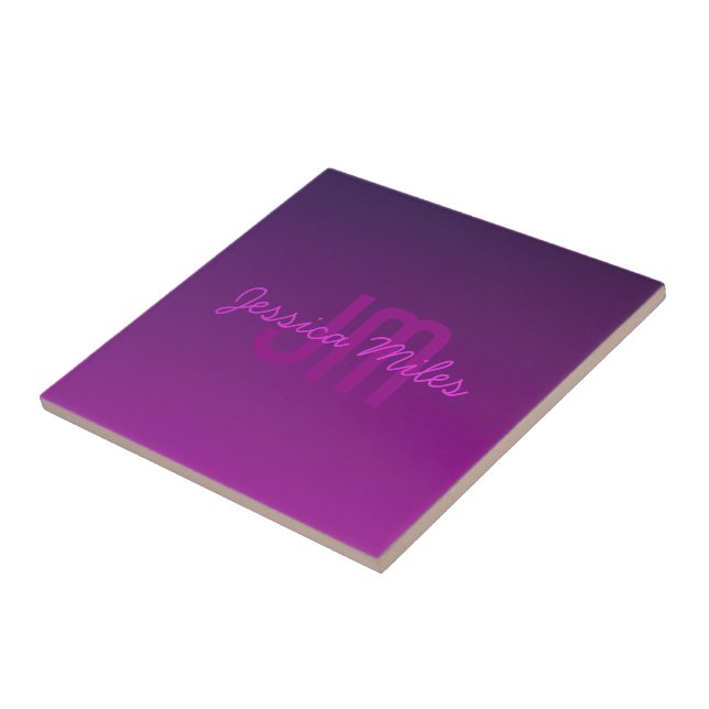 Carreau Texte Monogrammé Moderne Éditable & Ombre Violet  (Côté)