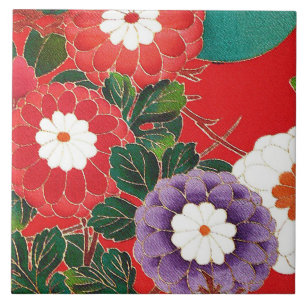 Carreau Textile japonais vintage - dahlias rouges