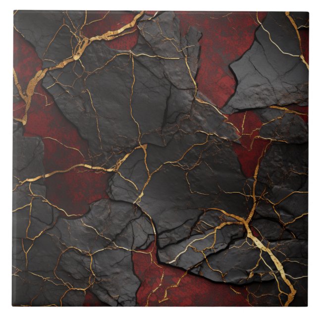 Carreau Texture de pierre fissurée, rouge noir et or (Devant)