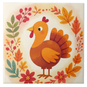 Carreau Thanksgiving, mignonne Turquie et fleurs d'automne