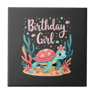 Carreau Thème de fête d'anniversaire Tortue de mer Fille d