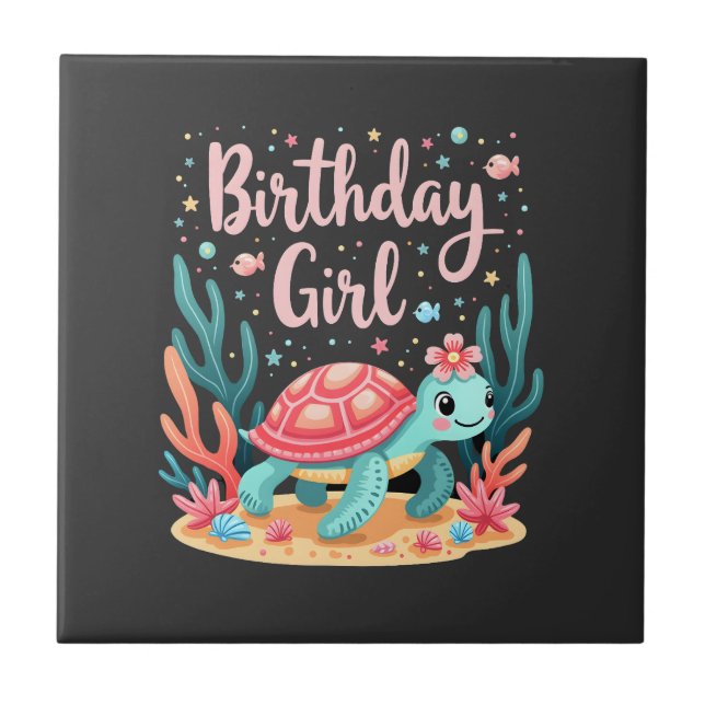 Carreau Thème de fête d'anniversaire Tortue de mer Fille d (Devant)