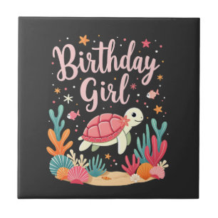 Carreau Thème de fête d'anniversaire Tortue de mer Fille d