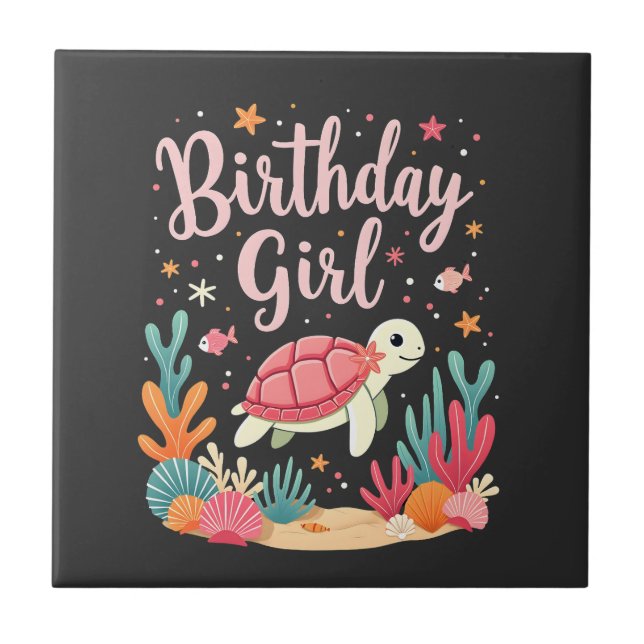 Carreau Thème de fête d'anniversaire Tortue de mer Fille d (Devant)