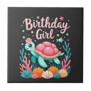 Carreau Thème de fête d'anniversaire Tortue de mer Fille d