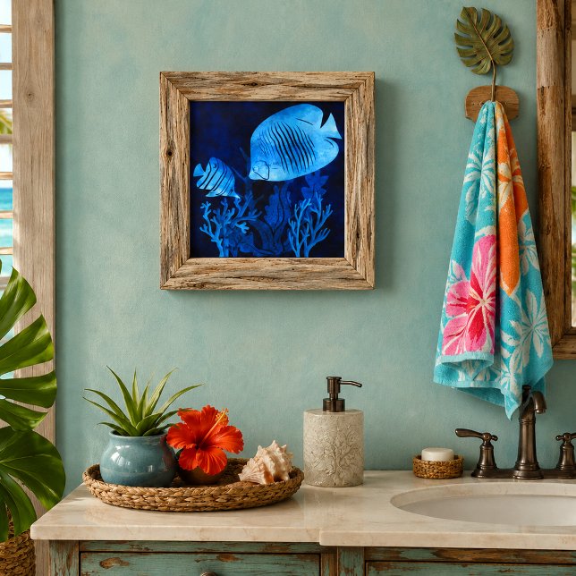 Carreau Thème marin Vie marine Mers bleu profond Poisson b (watercolor illustration of blue angelfish and butterfly fish ocean marine life ceramic tile
)