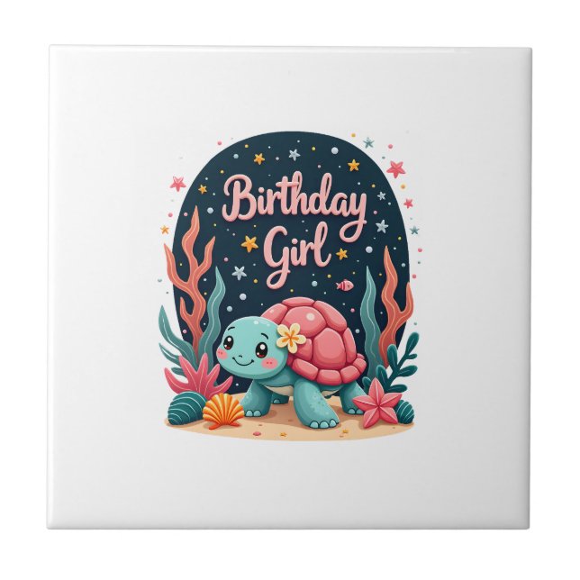 Carreau Thème Tortue de Mer Fille Anniversaire Fête Océan (Devant)