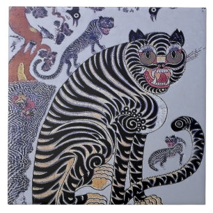 Carreau Tigre coréen Minhwa avec trois oursons