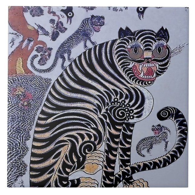 Carreau Tigre coréen Minhwa avec trois oursons (Devant)