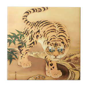 Carreau Tigre Minhwa Vintage au bord d'un ruisseau
