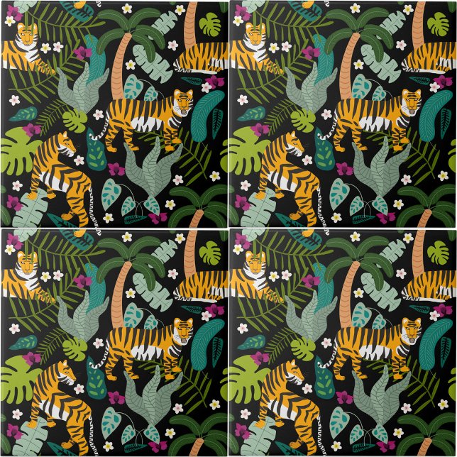 Carreau Tigre tropical Forêt botanique Noire Jungle Safari (Tropical Tiger Black Botanical Jungle Safari Cats Ceramic Tile)