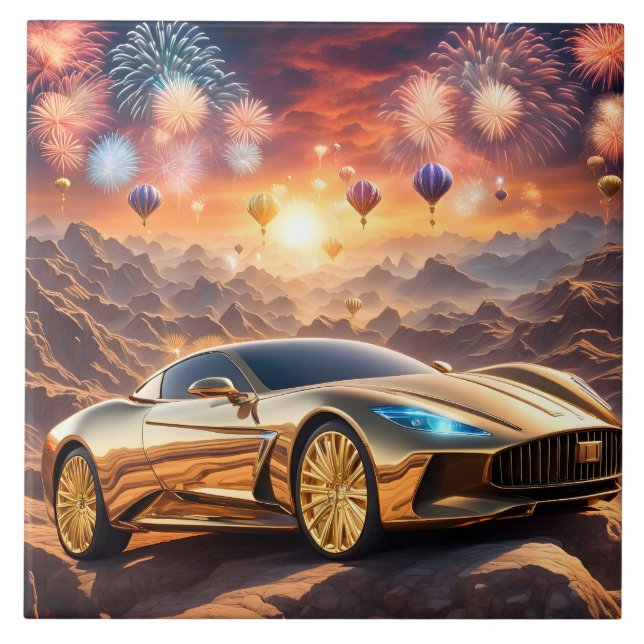Carreau tile with a golden luxury car in desert landscape (Devant)