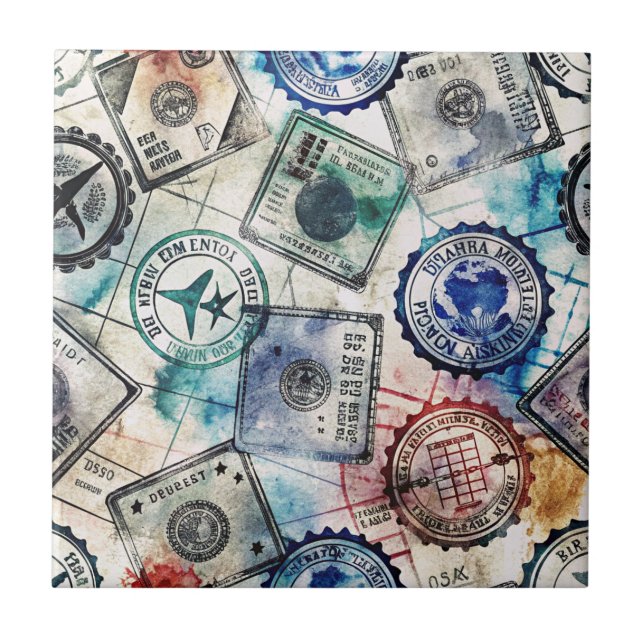 Carreau Timbre de passeport rustique motif voyage (2) (Devant)