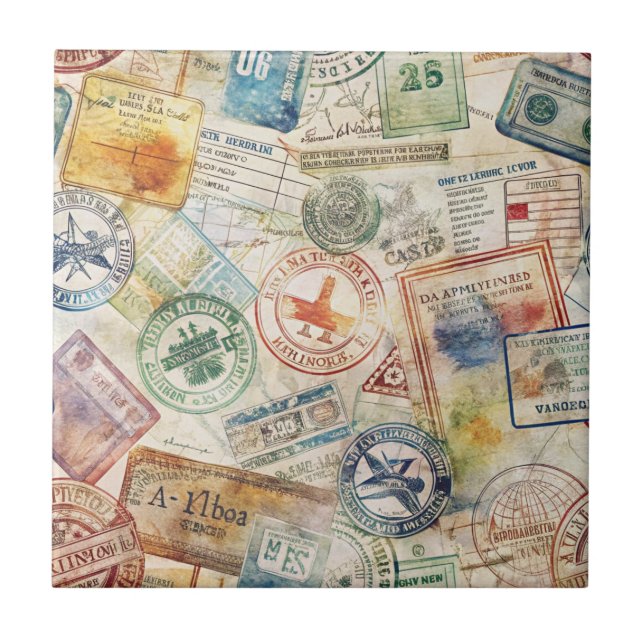 Carreau Timbre de passeport rustique motif voyage (6) (Devant)