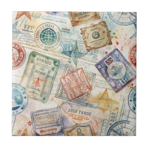 Carreau Timbre de passeport rustique motif voyage (7)