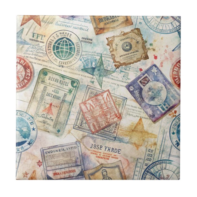 Carreau Timbre de passeport rustique motif voyage (7) (Devant)