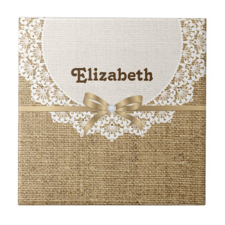 Carreau Toile blanche avec dentelle et lin naturel burlap