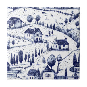 Carreau Toile Bleue Vintage - Architecture Pastorale Arbre