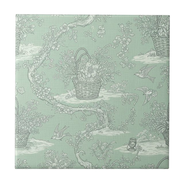 Carreau Toile botanique vert menthe avec bouquets floraux  (Devant)