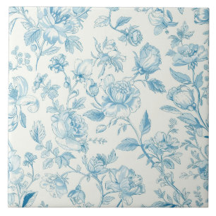 Carreau Toile de jouy bleu chinoiseries pivoines floral