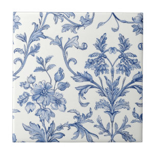 Carreau Toile de Jouy bleue motif floral de style campagna